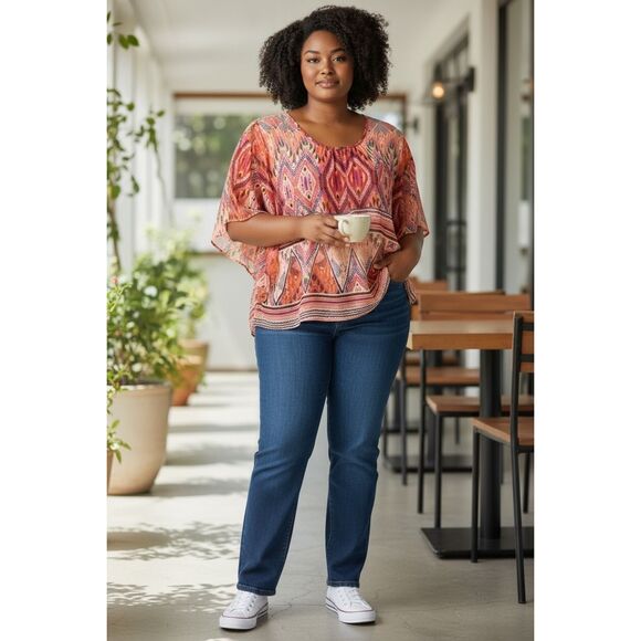 Kim Rogers Women Sheer Peasant Top Blouse Plus Size 2X Orange Multicolor Print - Picture 11 of 11